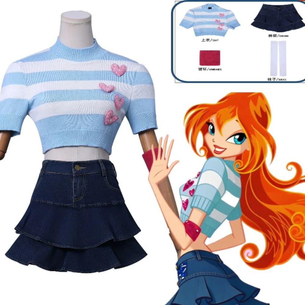 Cosplay Costume Bloom Sweater Sweater Blue skirt vintage jeans Cartoon Magic Club Fairy Bloom Outfit for women Halloween party