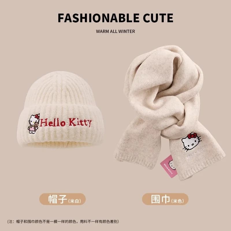 Nuovo Kawaii Hello Kitty Sciarpa ricamata lavorata a maglia Cartone animato giapponese Sanrio Kuromi Cinnamoroll Cappello caldo invernale per bambini