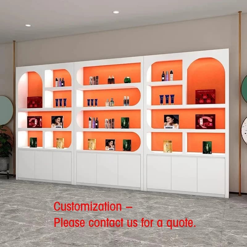 Vetrine Personalizzate in Legno Dipinto con Luci LED per Saloni di Bellezza, Live Streaming, Scarpe e Borse, Barbieri