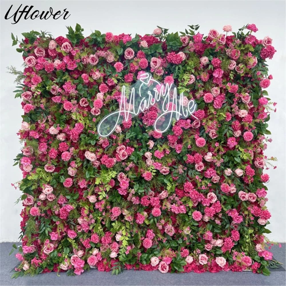 Uflower 5D Pink Rose Penoy Greenery Flower Wall Wedding Backdrop Fabric Hanging Curtain Floral Window Display Party Event Props