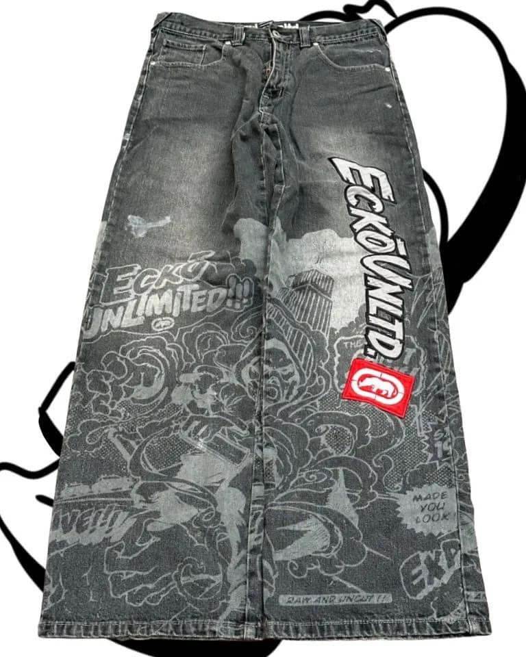 Jeans Americani alla Moda con Stampa, Stile Hip Hop, Larghi e a Gamba Incrociata, Grigio Lavato, Pantaloni Dritti Unisex