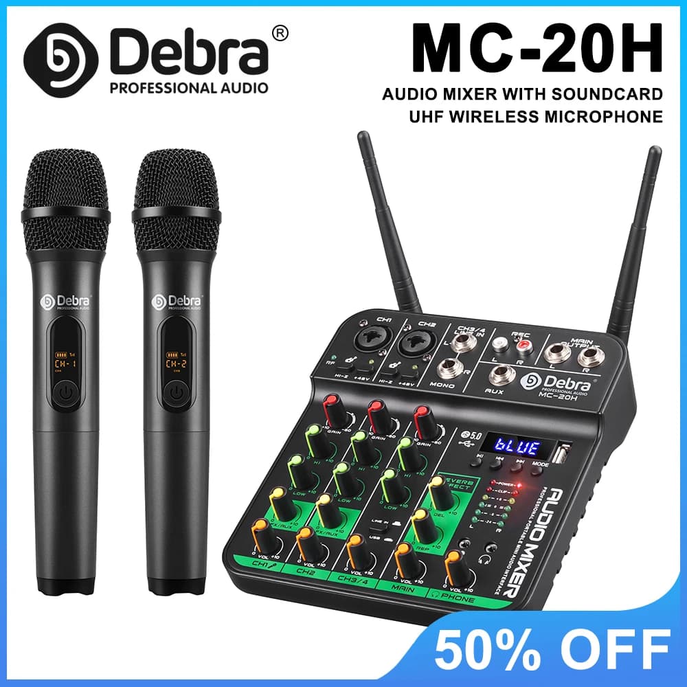 MC-20H Mixer audio UHF a 4 canali con 2 microfoni wireless, scheda audio Console di missaggio effetti Replay con ritardo USB (registrazione PC)
