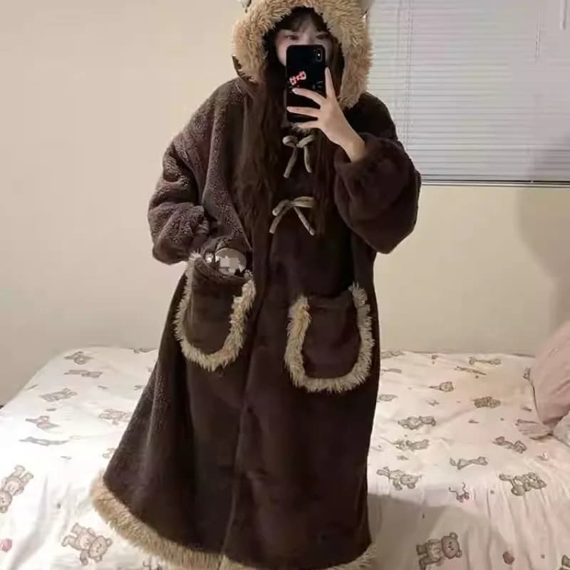 Cute Coral Velvet Hooded Pajamas Long Robes Women Winter Warm Soft Plush Thickened Night Gown Students Kawaii Homewear Bath Robe