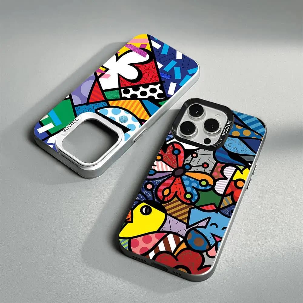 Cover per iPhone Art R-Romero Britto per modelli 16, 15, 14, 13, 12, 11, 17 Pro MAX Plus Pro, opaca e antiurto