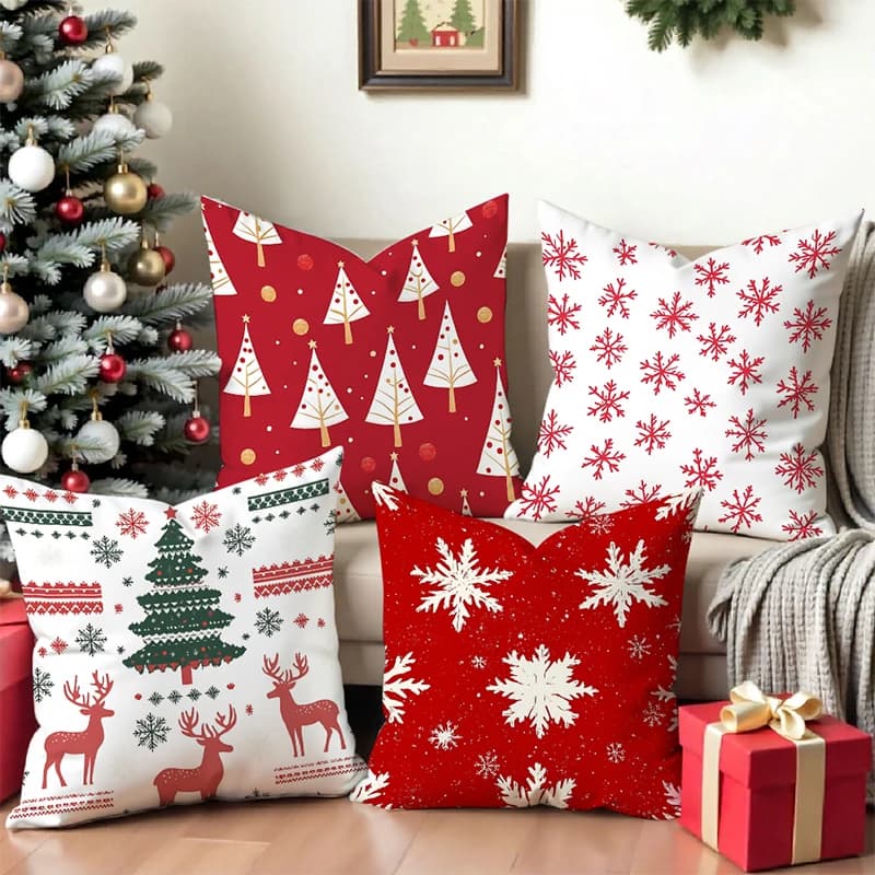 Cuscini con motivo albero di Natale, cervo e fiocco di neve, fodera per cuscino quadrata in poliestere, moderna fodera decorativa per cuscino da divano