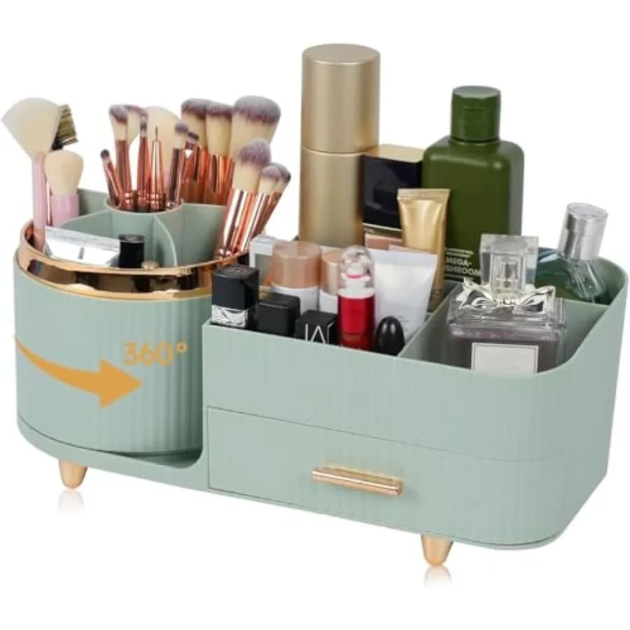 Makeup Organizer Countertop with Drawer 360 Rotating Brush Holder Storage Large Capacity Skincare Cosmetic Display Cases for Va