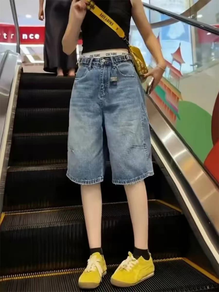 plus Size High Waist Straight Leg Denim Shorts Women's Summer Slimming A-Line Five-Point Jeans Wide Leg Pants Casual