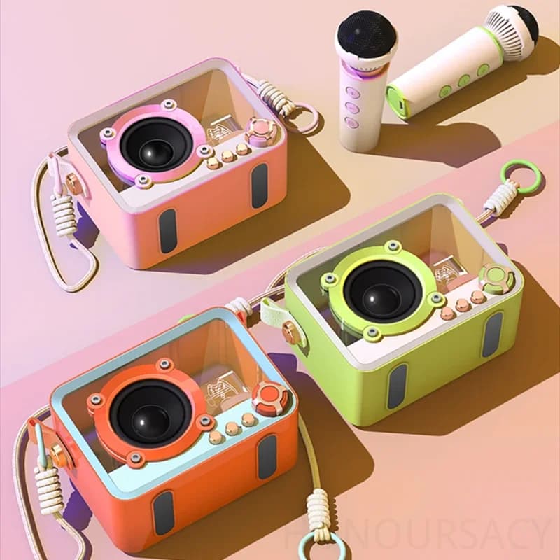 Home Party Karaoke Machine Punk-style Transparent Bluetooth Speaker Portable Mini Wireless Subwoofer with 2 Mic for Child Gifts