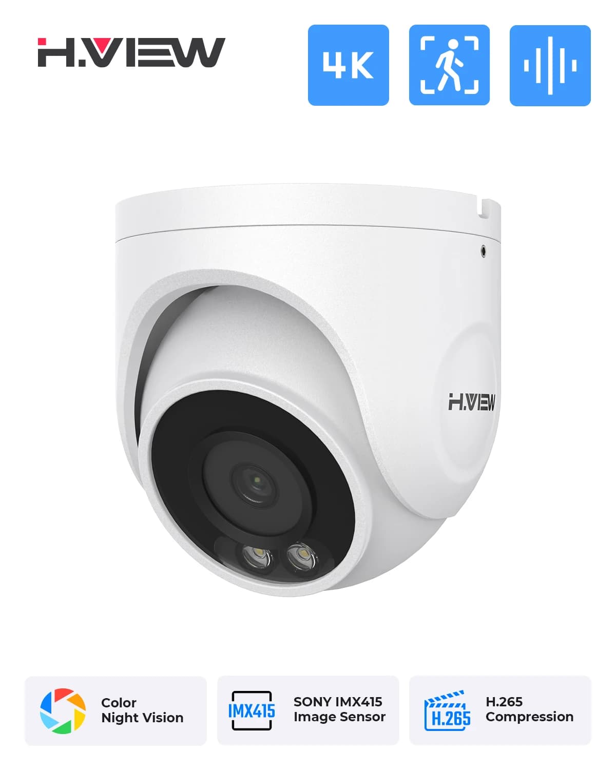 H.VIEW Telecamera IP 4K per visione notturna a colori poe Telecamere di sicurezza CCTV da 8 MP Telecamera audio video dome da 6 MP per sistema NVR