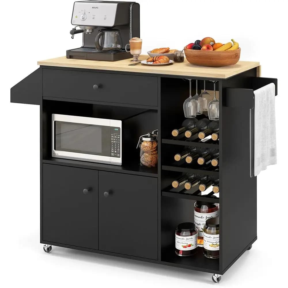 Isola Cucina Mobile con Ripiano Ribaltabile, Carrello Portaoggetti con Ruote, Portabottiglie, Portabicchieri, Ripiani Regolabili, Carrello di Servizio Multiuso