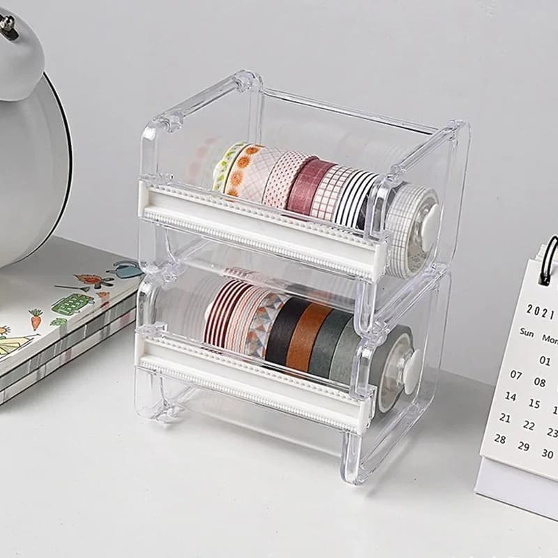 Set Creativo di Taglierine e Dispenser per Nastro Adesivo, Porta Nastro Trasparente, Scatola Portaoggetti per Ufficio, Scuola ed Educazione