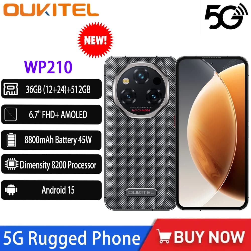 NUOVO OUKITEL WP210 Telefono Robusto 6.7 "MTK Dimensity 8200 NFC 36GB + 512GB 8800mAh 45W 108MP Android15 5G WIFI6 120Hz IP68 Smartphone