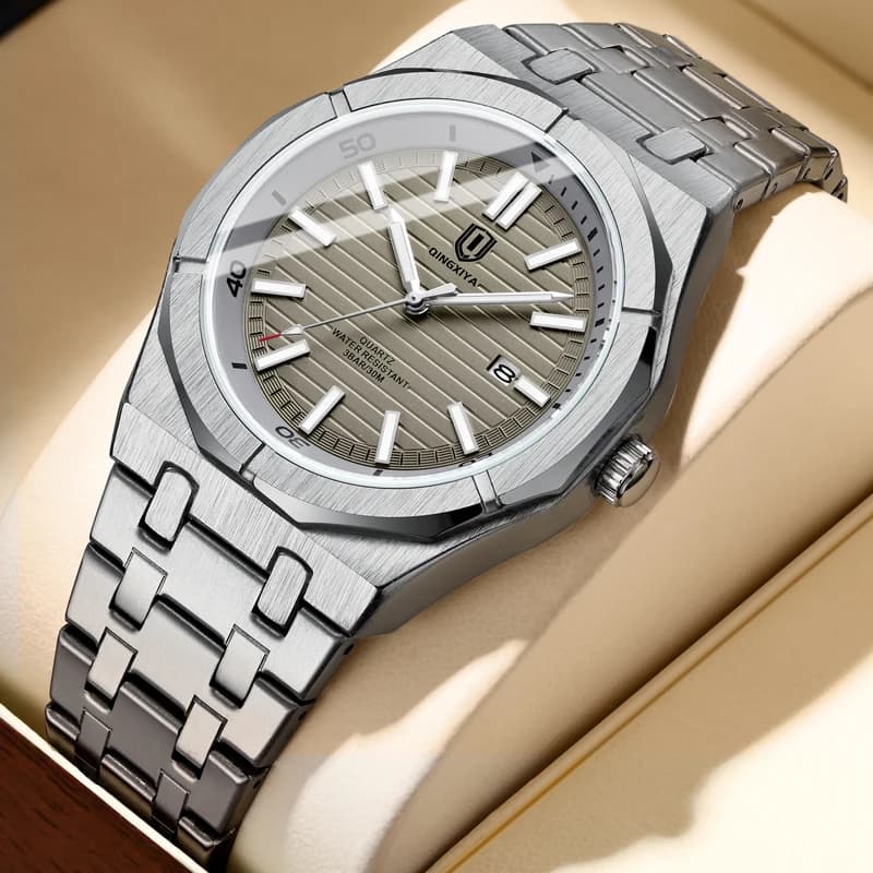QINGXIYA nuovissimo orologio al quarzo luminoso con quadrante grigio di moda per uomo orologi da uomo con calendario impermeabile in acciaio inossidabile di lusso