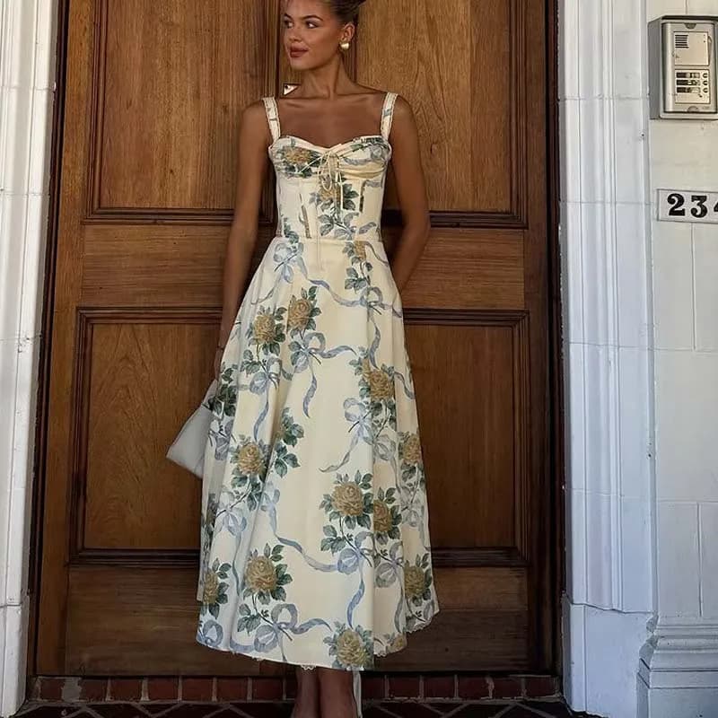 Abiti longuette a trapezio con stampa floreale sexy senza spalline Moda donna Vita a lisca di pesce Abito estivo sottile elegante Abito in cotone