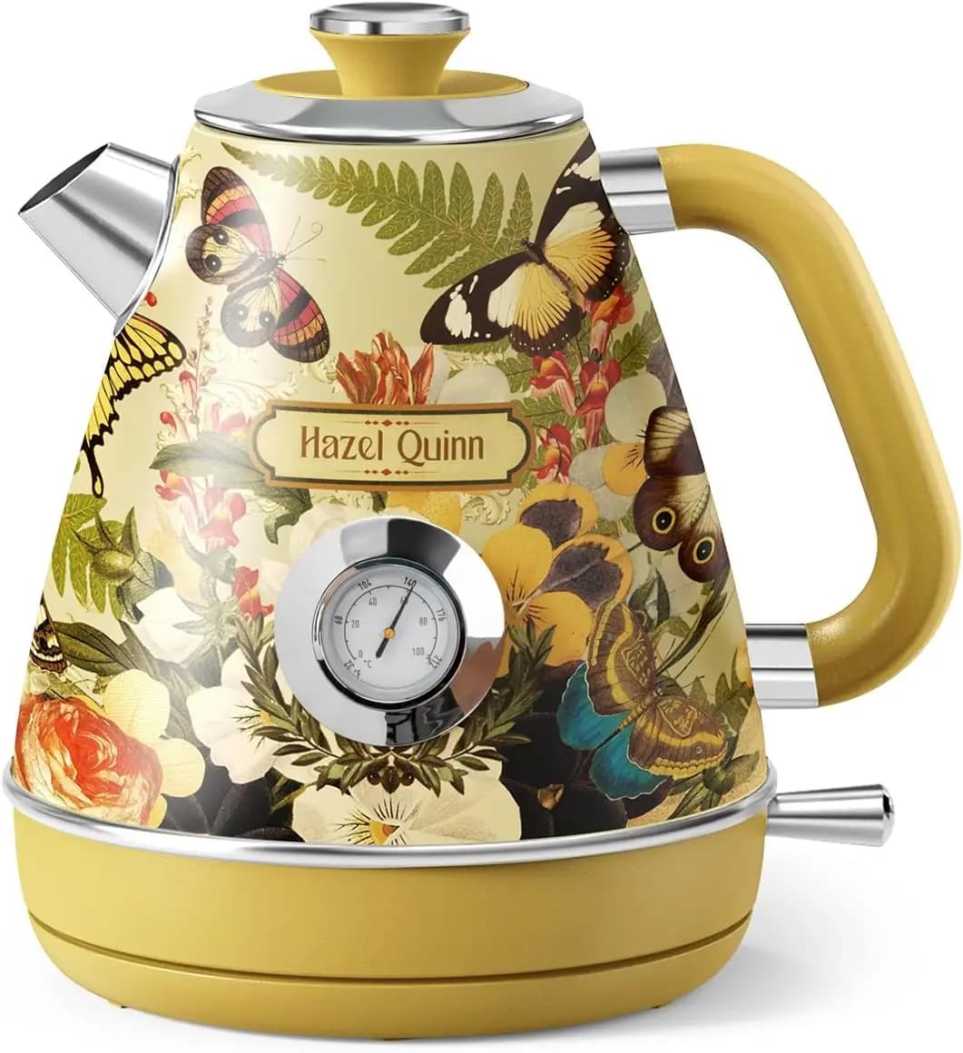 Electric kettle - 1200 W quick boiling, 1.7 litre stainless steel, automatic shutdown, wireless with floral pattern thermometer