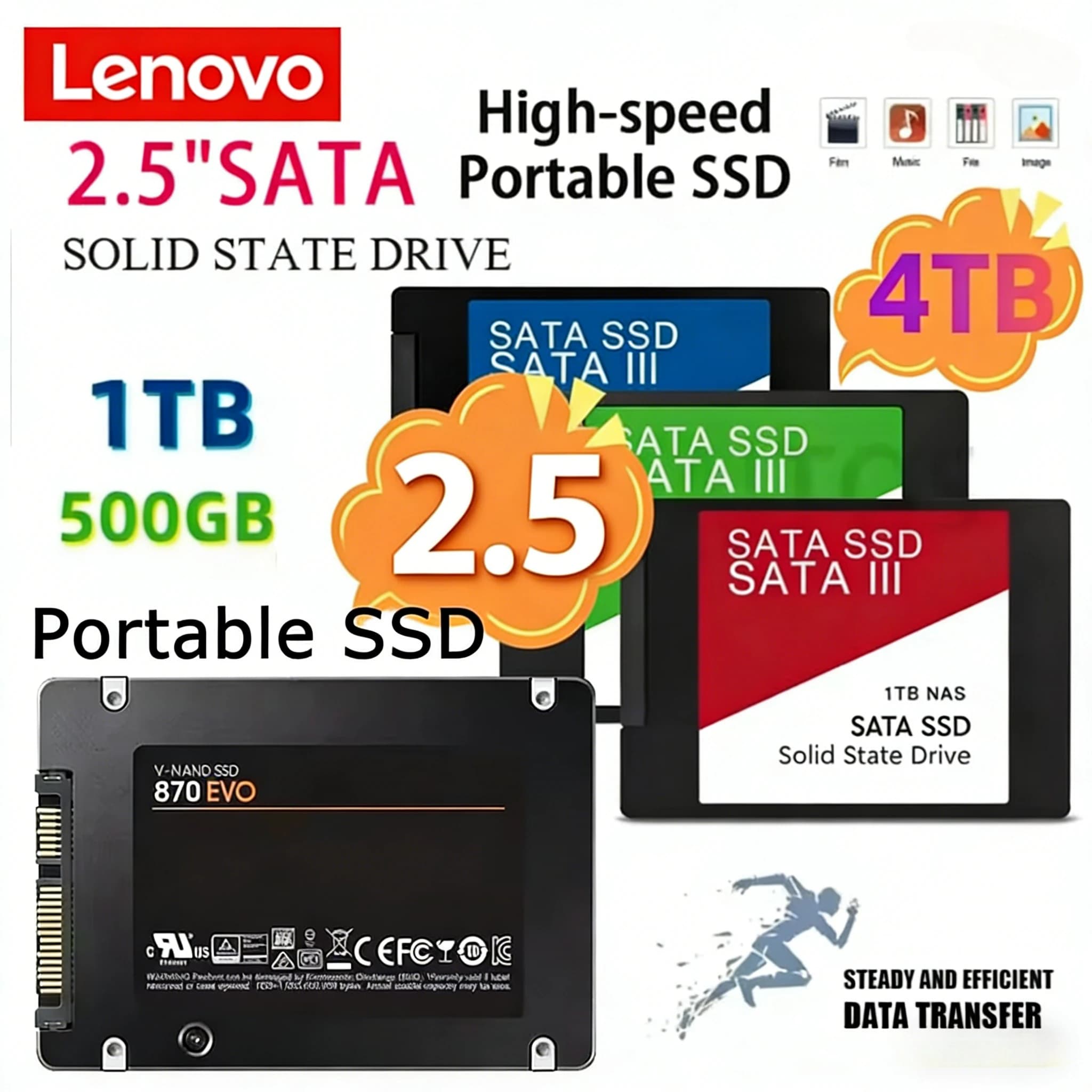 SSD Lenovo Fast SATA ad alta velocità da 4TB, 500GB, 1TB, 2TB, unità a stato solido interna per laptop e notebook