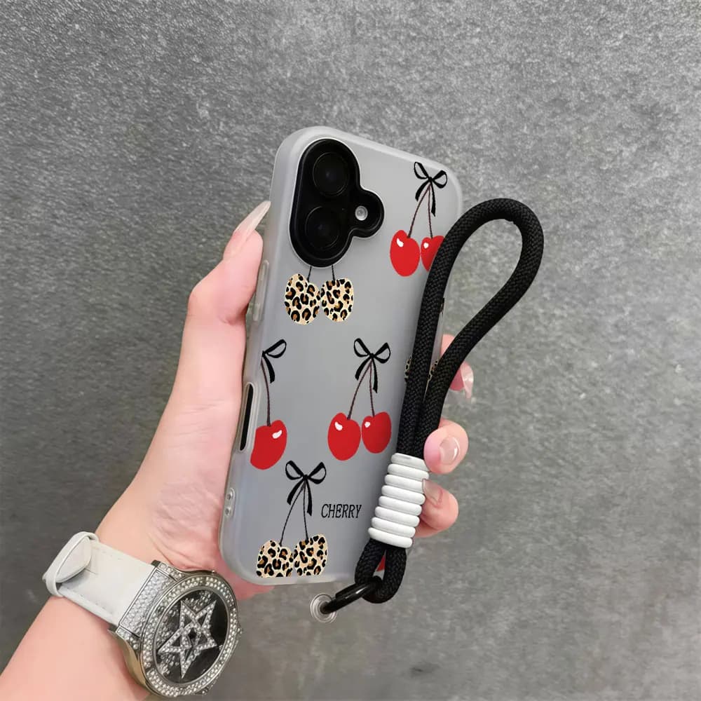 Leopard Cherry Bow Lanyard Phone Case For iPhone 17 16 13 12 11 15 14 Pro Max 14 16 7 15 8 Plus XR SE XS Case Wrist Strap Cover