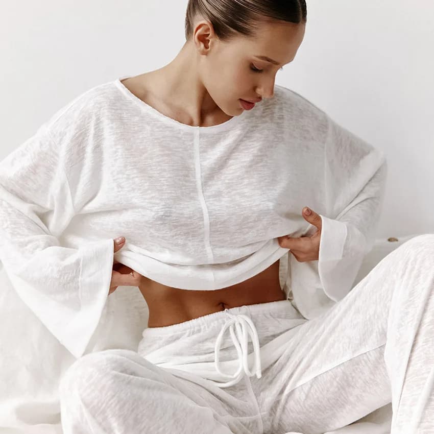 Women's White Knit Pajama Set Loose Crewneck Long Sleeve Top and Drawstring Wide Leg Pants 2 Pieces Lightweight Sheer Loungewear