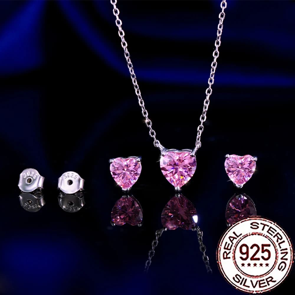 QooLady 925 Sterling Silver Fashion Pink Heart CZ Crystal Pendant Necklace 2Pcs Sets for Women Fine Wedding Party Jewelry ST029