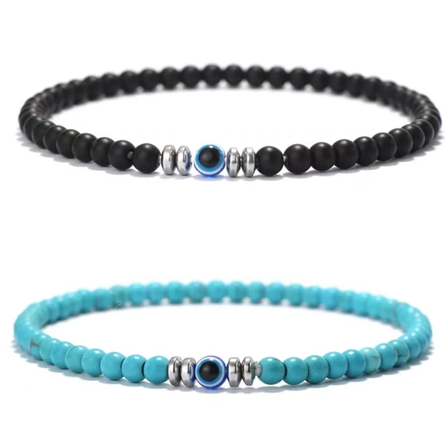 Trendy 2Pcs/Pair Evil Eyes Beads Bracelet Men 4mm Onyx Howlite Tiger Eyes Stone Elastic Braslet Homme Gift Healing Daily Pulsera
