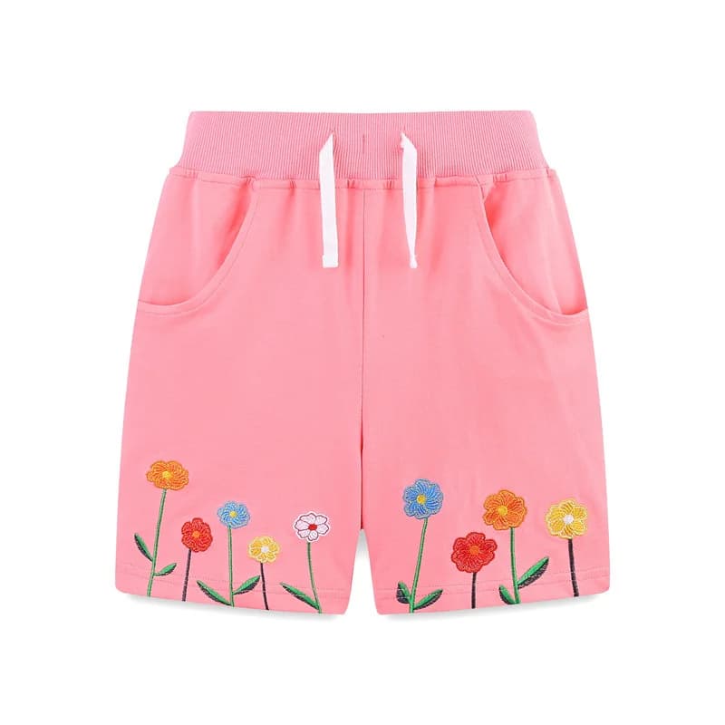 Metri di salto 2-7T Pantaloncini estivi per ragazzi Ragazze Tasche Fiore Applique Bambino Coulisse Bambino Pantaloni corti Moda Abbigliamento per bambini