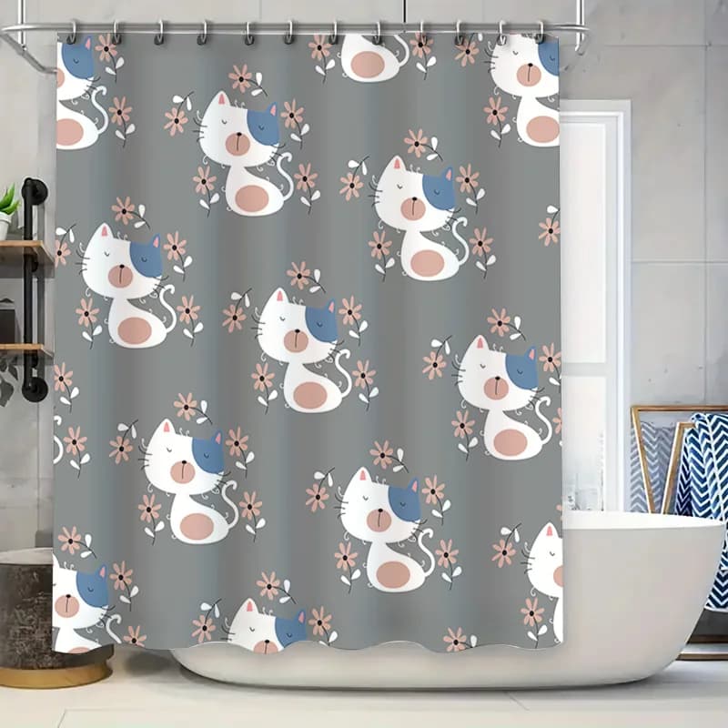 Elegante tessuto impermeabile per tenda da doccia con stampa di gatti dei cartoni animati per l'arredamento del bagno