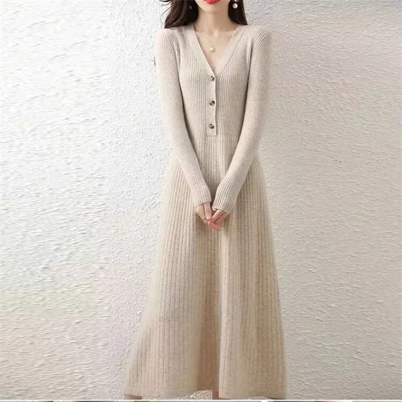 Knee-Length V-Neck A-Line Knit Dress for Women, Fall/Winter Long Skirt Sweater, Versatile Fitted Layering Underwear Soft Brown