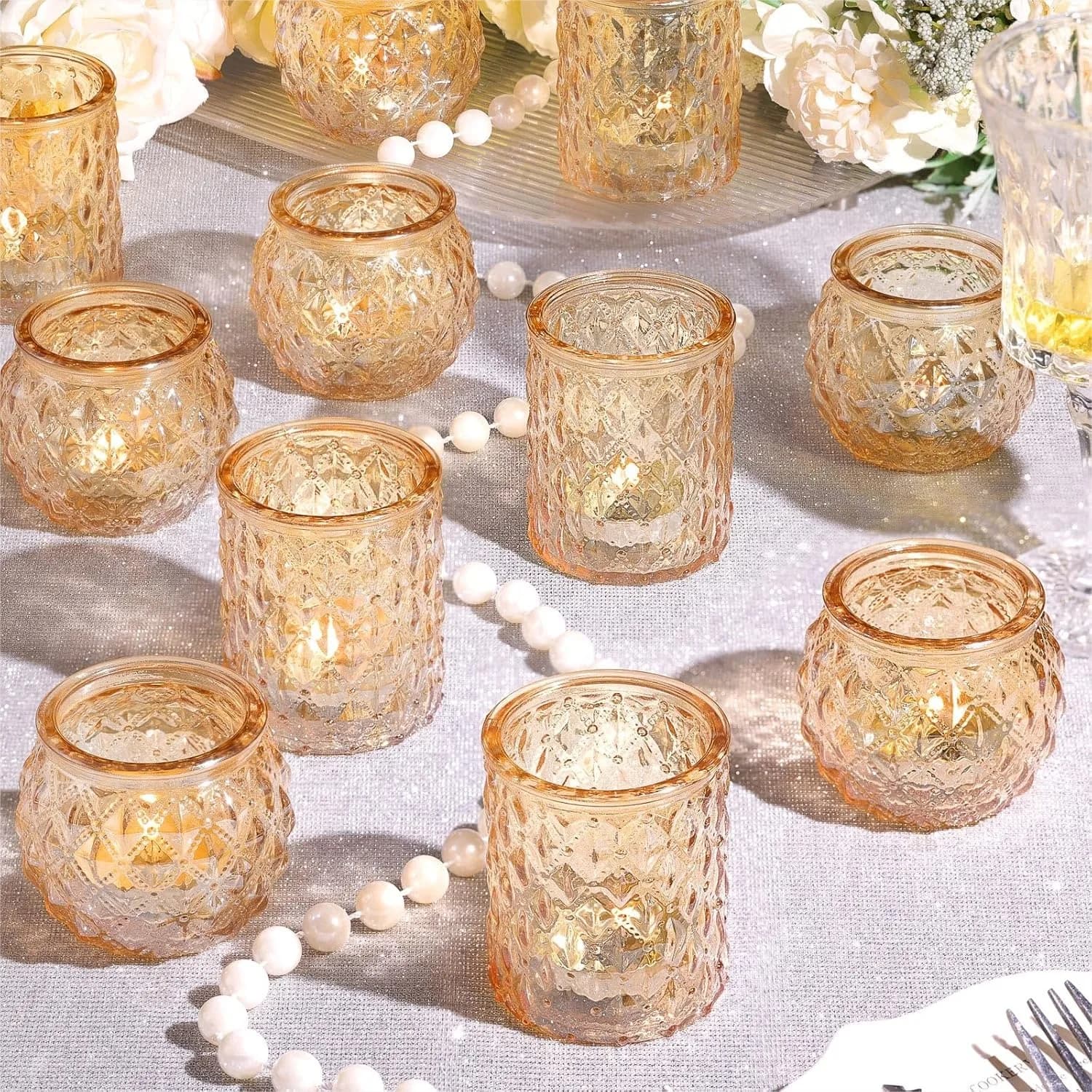 Portacandele Votivi Dorati per Centrotavola, Set di 12 Portacandele per Tea Light