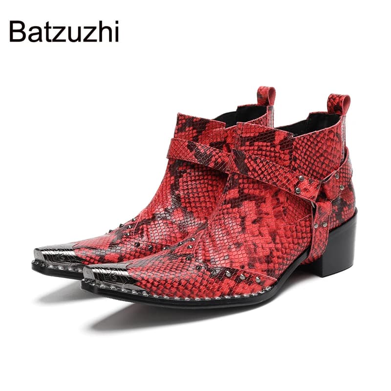 Batzuzhi Cowboy Stivali rossi Uomo Stivaletti in pelle con punta in metallo Uomo Slip on Stivaletti moda per uomo Tacchi 6,5 cm!