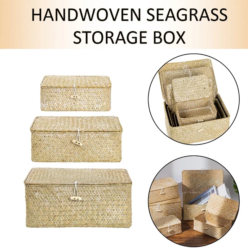 Woven Straw Box with Lid Natural Seagrass Wicker Storage Basket Laundry Container Home Sundries Organizer Decor Storage Box