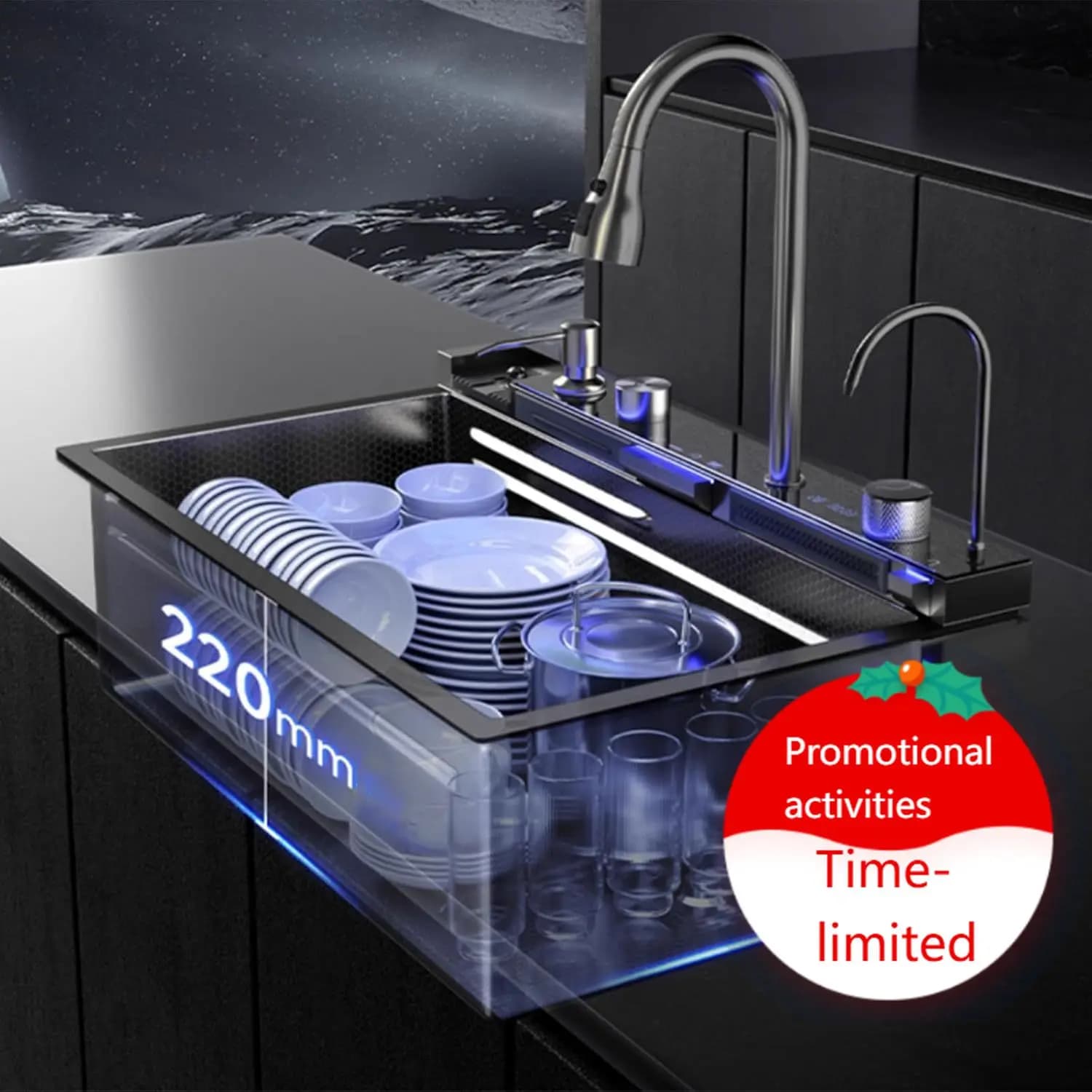 Lavello da cucina a doppio effetto cascata con display LED, lavabicchieri, dispenser sapone, miscelatore a cascata, controller da piano di lavoro, ecc. w