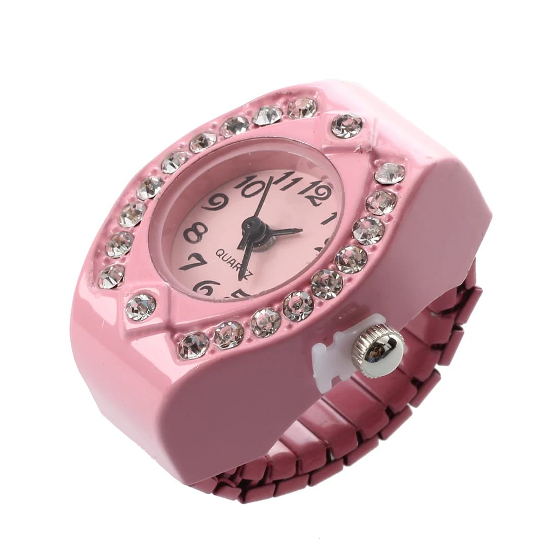 Orologio da donna con anello da dito da tasca al quarzo in lega rosa di vendita calda, quadrante rotondo con strass