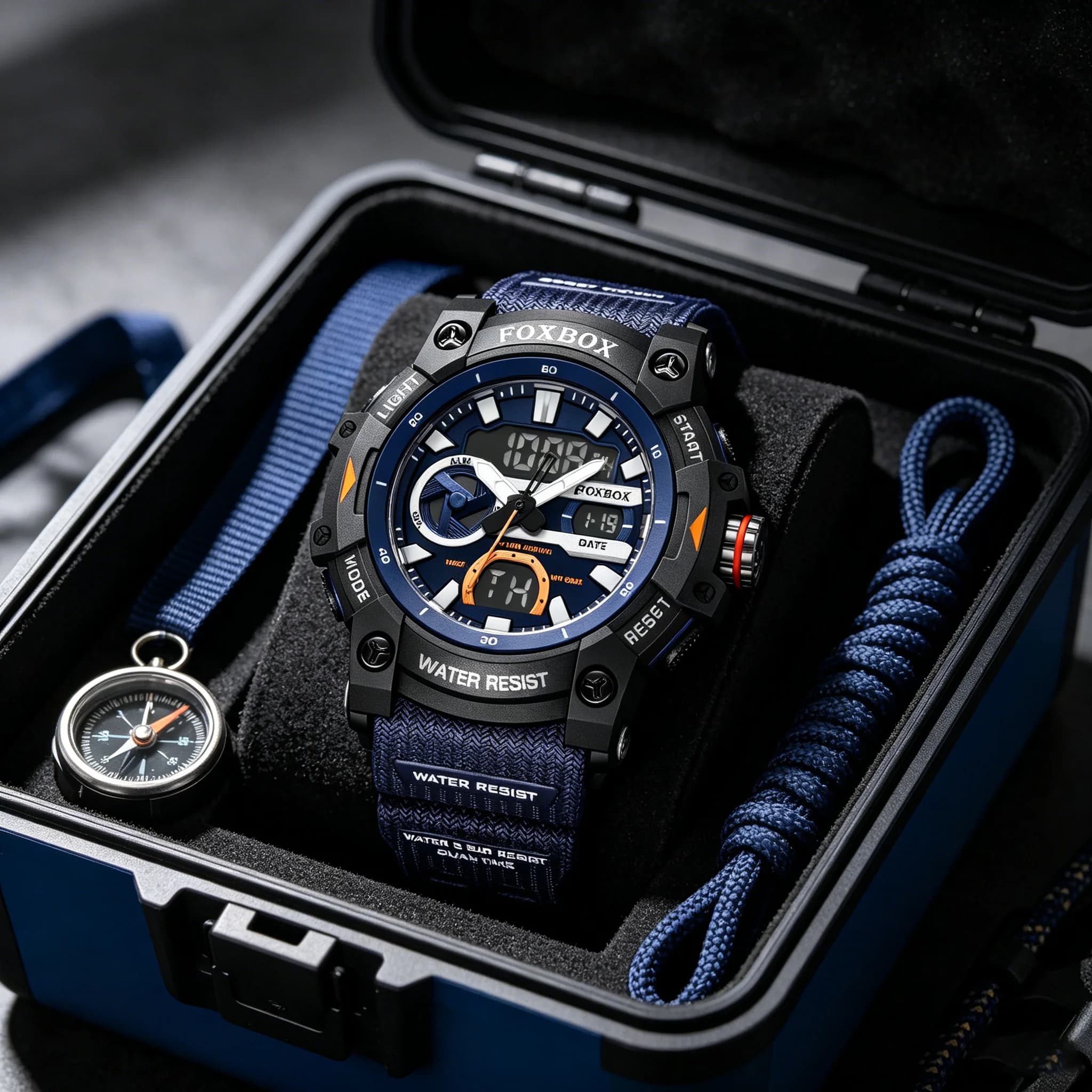 FOXBOX Sport Watch Military Wristwatch for Men Alarm Stopwatch LED Digital Back Light Dual Time Display Waterproof Watch Men