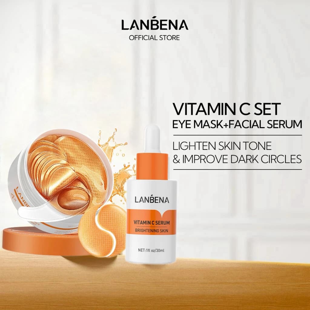 LANBENA Vitamin C Essence Set For Facial Moisturizing Serum 30ml Eye Dark Circle Reducing Eye Mask Patches 60pcs Skin Care Combo