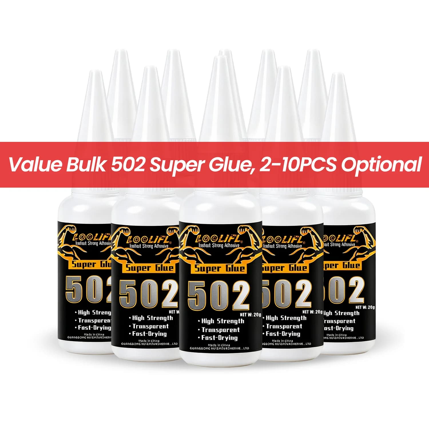 LOOLIFL-502 super glue, a multi-functional, strong, fast-drying adhesive suitable for various materials such as footwear, ceramics, plastics, wood, and metal. It is transparent and waterproof, used as welding glue, craft glue, rhinestone glue, woodworking glue, shoe glue, metal glue, leather glue, PVC glue, ceramic glue, and is ideal for art sewing supplies and handmade tools. Comes with a dropper for precise dispensing