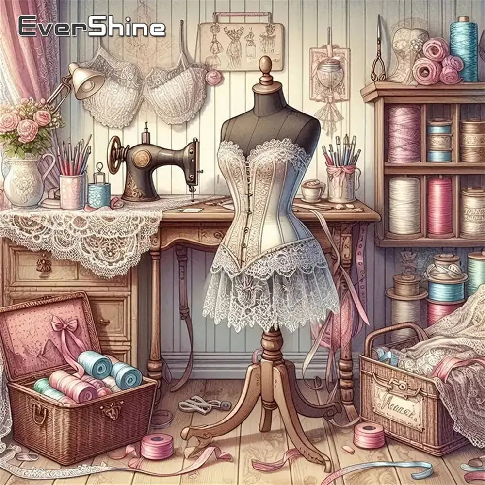 Evershine 5D Diamond Painting Sewing Machine DIY New Arrival Embroidery Tailor's Shop Landscape Craft Kit Mosaic Unique Gift