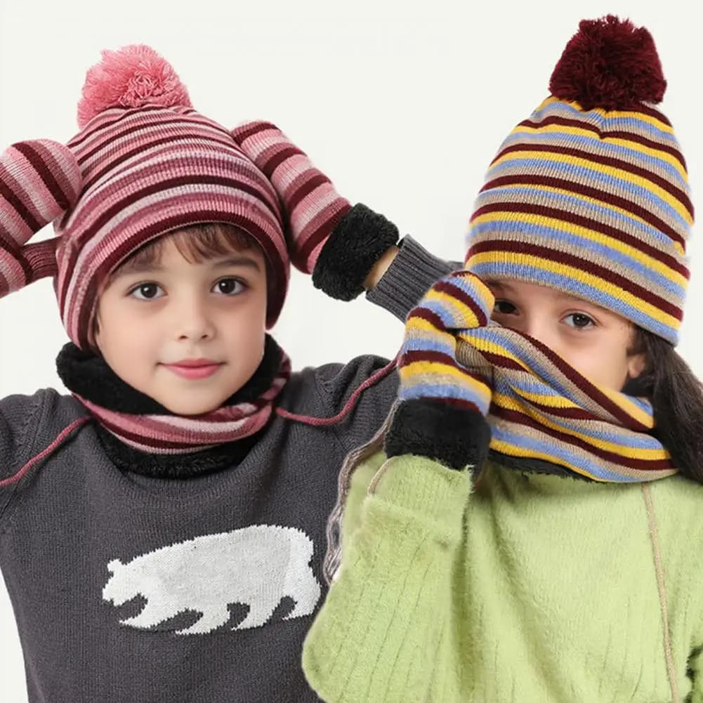 Warm Hat Scarf Glove Combo Children's Winter Hat Scarf Gloves Set with Striped Print Anti-lost Rope Warm Breathable for Cold