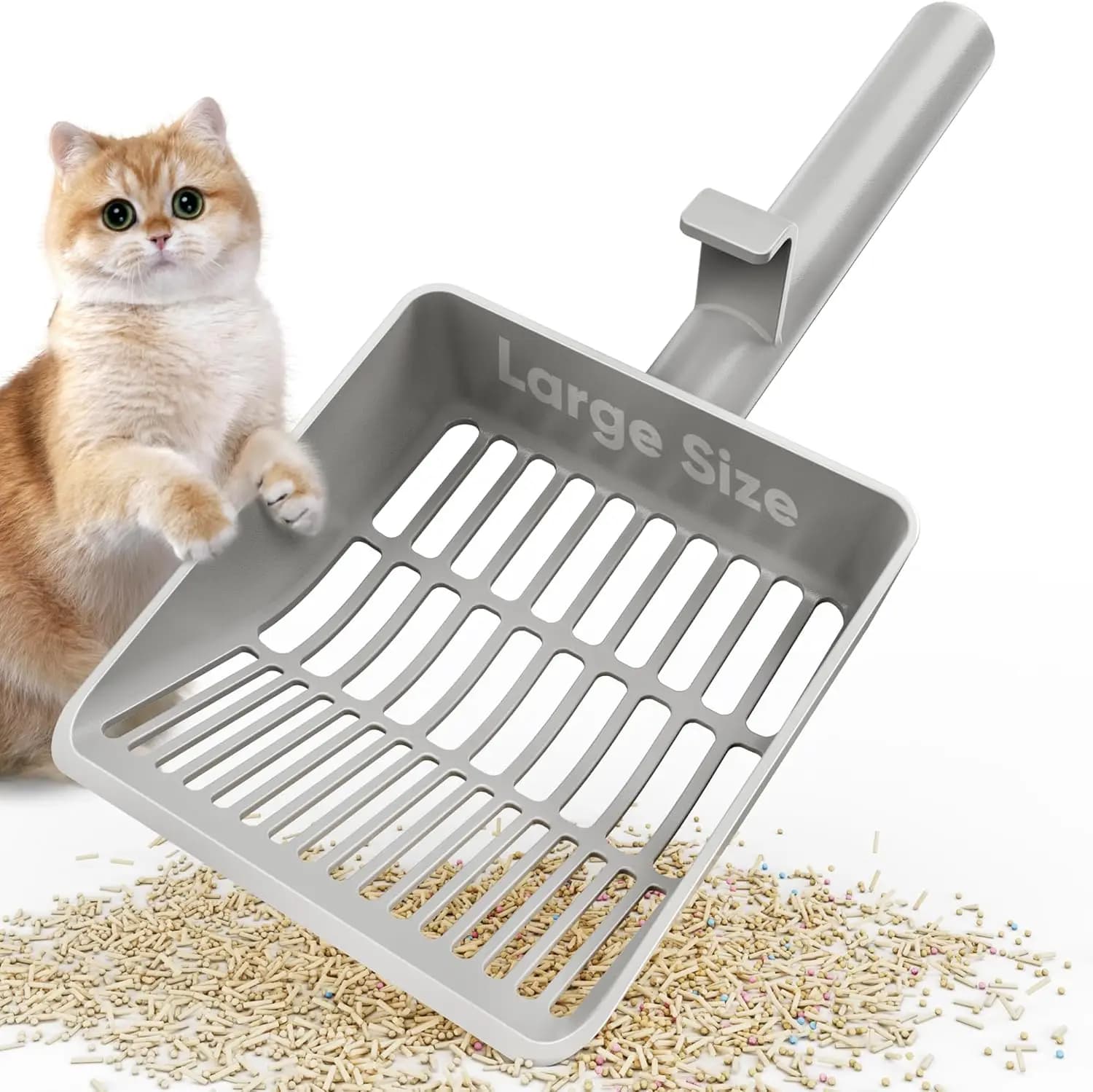 Paletta per lettiera per gatti resistente con doppio foro di setacciatura, manico lungo e gancio per rimozione rapida e precisa delle gomme di lettiera agglomeranti