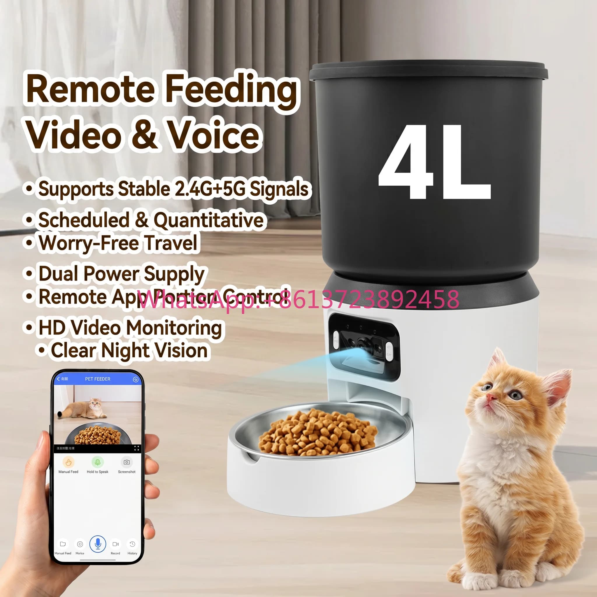 4L Smart USB Powered Food Dispenser Remote Video Feeding Machine Detachable Automatic Single Bowl Pet Feeder