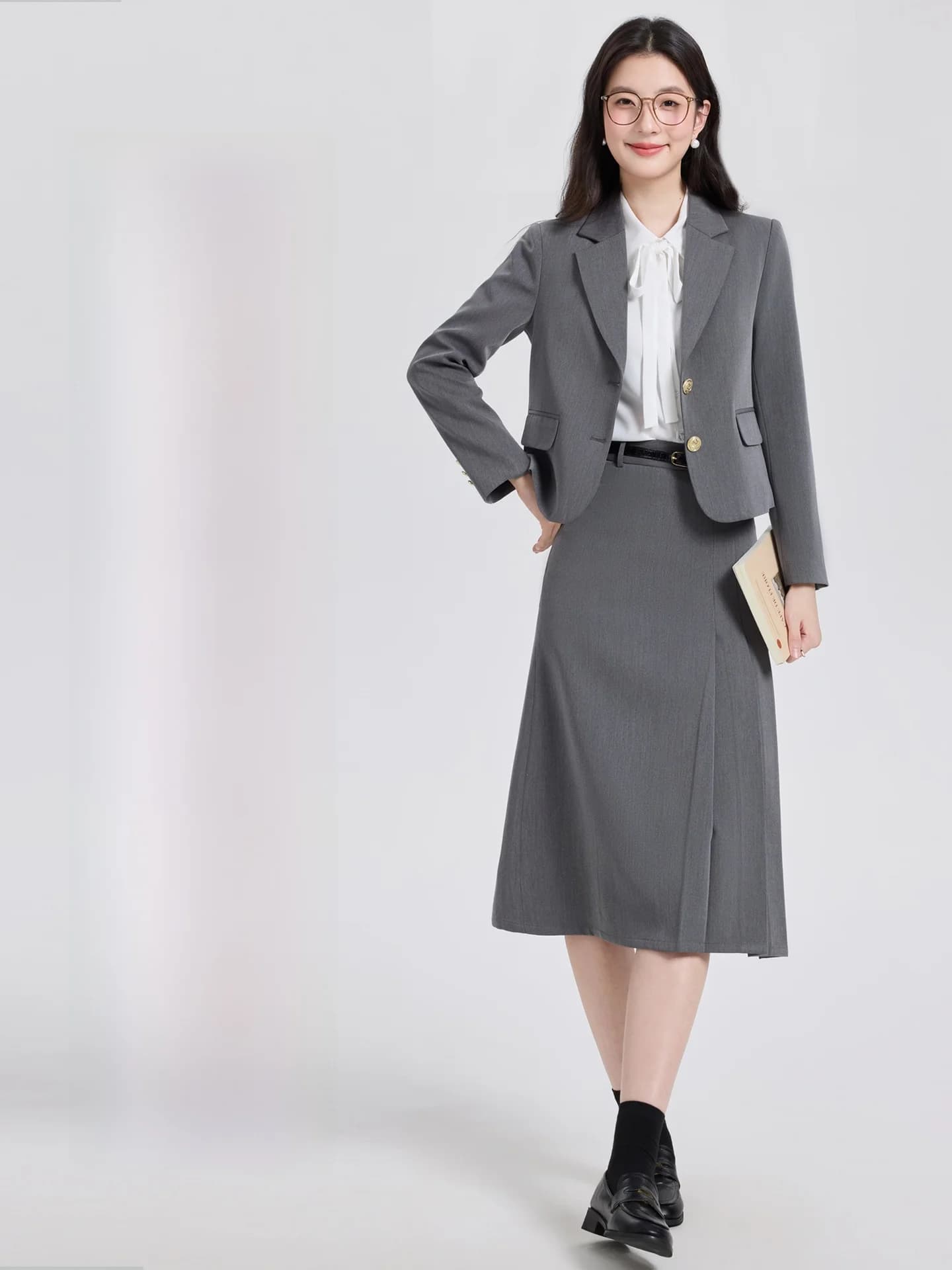 Gray Suit Set Women's Spring Autumn Interview Wardrobe Professional Suit Jacket Skirt Two-Piece Set Commute Style Polyester F...