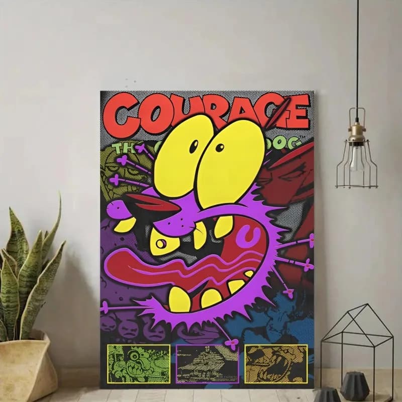 Coraggio The Cowardly Dog Stampa su tela, Arte da parete senza cornice, Poster di cartoni animati vibranti, Decorazione del soggiorno, Decorazione artistica per la casa