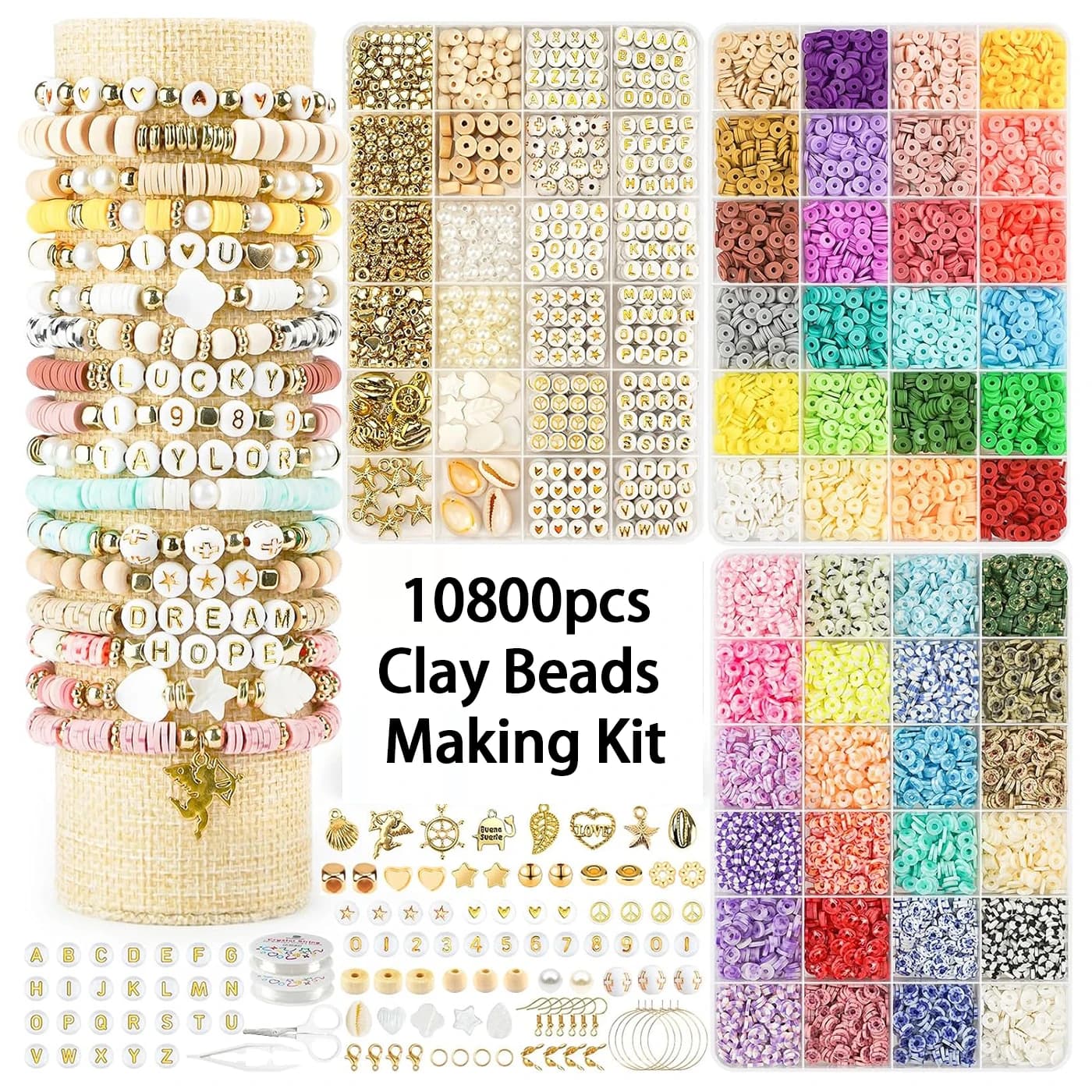 Kit per Creazione di Braccialetti con Perline in Argilla, 3 Scatole, 10800 Pezzi, Perline con Lettere, Braccialetti dell'Amicizia, Fai-da-Te, Arti e Mestieri, Regali per Ragazze e Adulti