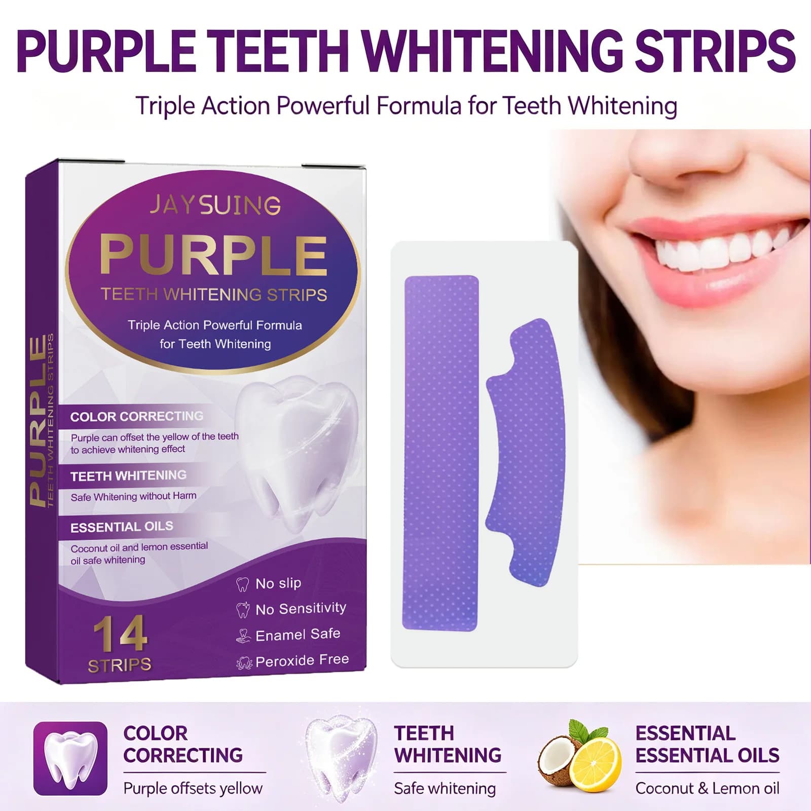 Strisce Sbiancanti per Denti Viola, Rimozione Macchie, Pulizia e Igiene Orale, Sorriso Più Luminoso a Casa, Sbiancamento Dentale