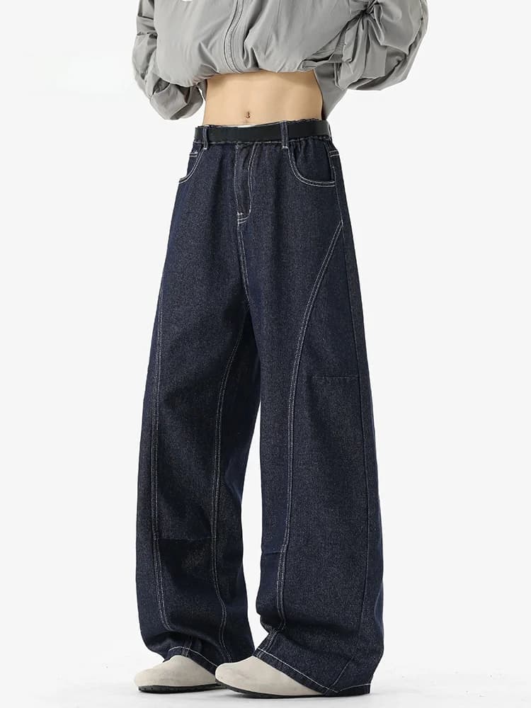 MMOPTOP American Style Loose Wide Leg Men's Jeans Retro Stitching Casual Long Trousers Comfortable Cotton Durable Wear Resistant