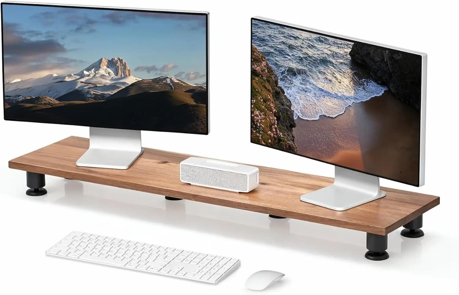 Support for Two Large Size Monitors - Acacia Wood Stand Made to Hand with Adjustable Vano and Gambe