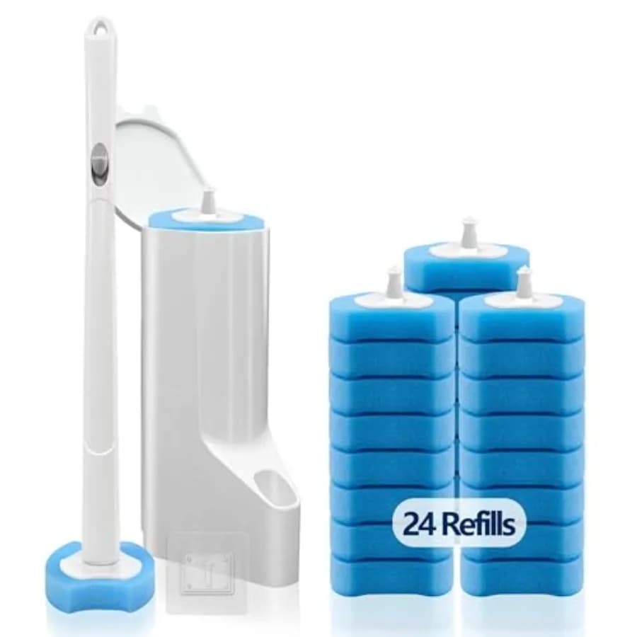 Spazzola per WC usa e getta con 24 ricariche, Kit iniziale con asta per WC, supporto e 24 ricariche per spazzola WC, montaggio a parete