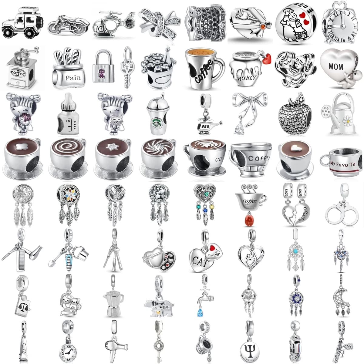 925 Silver Charms Beads Coffee Cup Motorcycle Dreamcatcher Mom Heart Dangle Pendants Fit DIY Jewelry Making Mother Birthday Gift