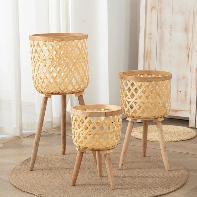 R1WA Hand Woven Flower Pot with Bracket Storage Basket Mini Potted Decor Container