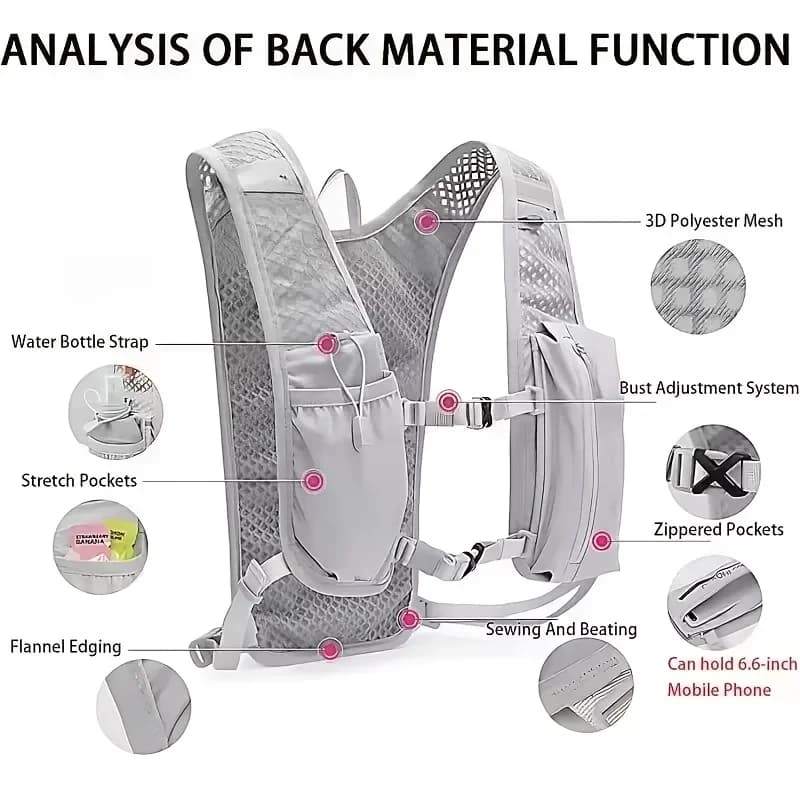 Lightweight Trail Running Hydration Vest, Multi‑Pocket Adjustable Outdoor Backpack for Hiking, Trekking and Cycling