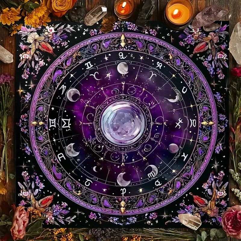 Tovaglia Esoterica con Fasi Lunari - Copritavolo con Stampa Ruota Zodiacale e Cristalli per Tarocchi, Spazi di Meditazione e Paganismo